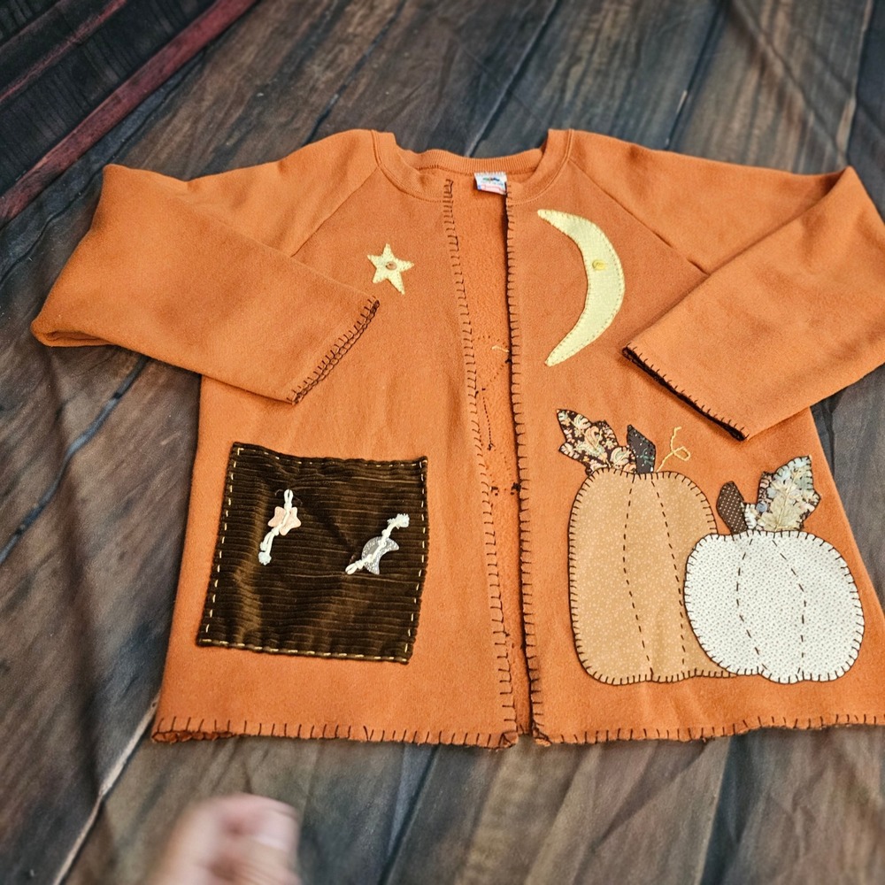 Vintage 1990s Handcrafted Pumpkin Patch Cardigan Sweatshirt Orange Folk Art Lg - Picture 2 of 14